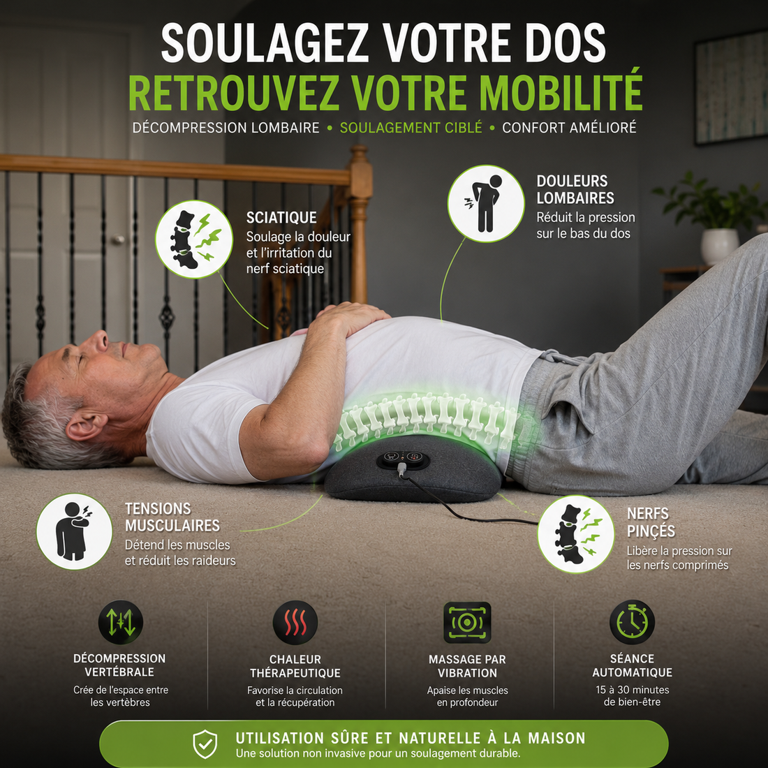DorsaCalm® | Masseur Lombaire Chauffant 3-en-1